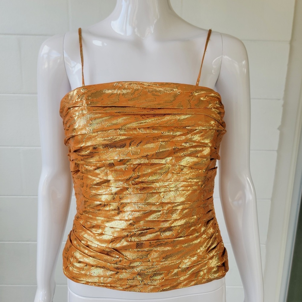 Vintage 80s Oleg Cassini Ruched Bustier Metallic Burnt Orange Lurex Women 6 Glam